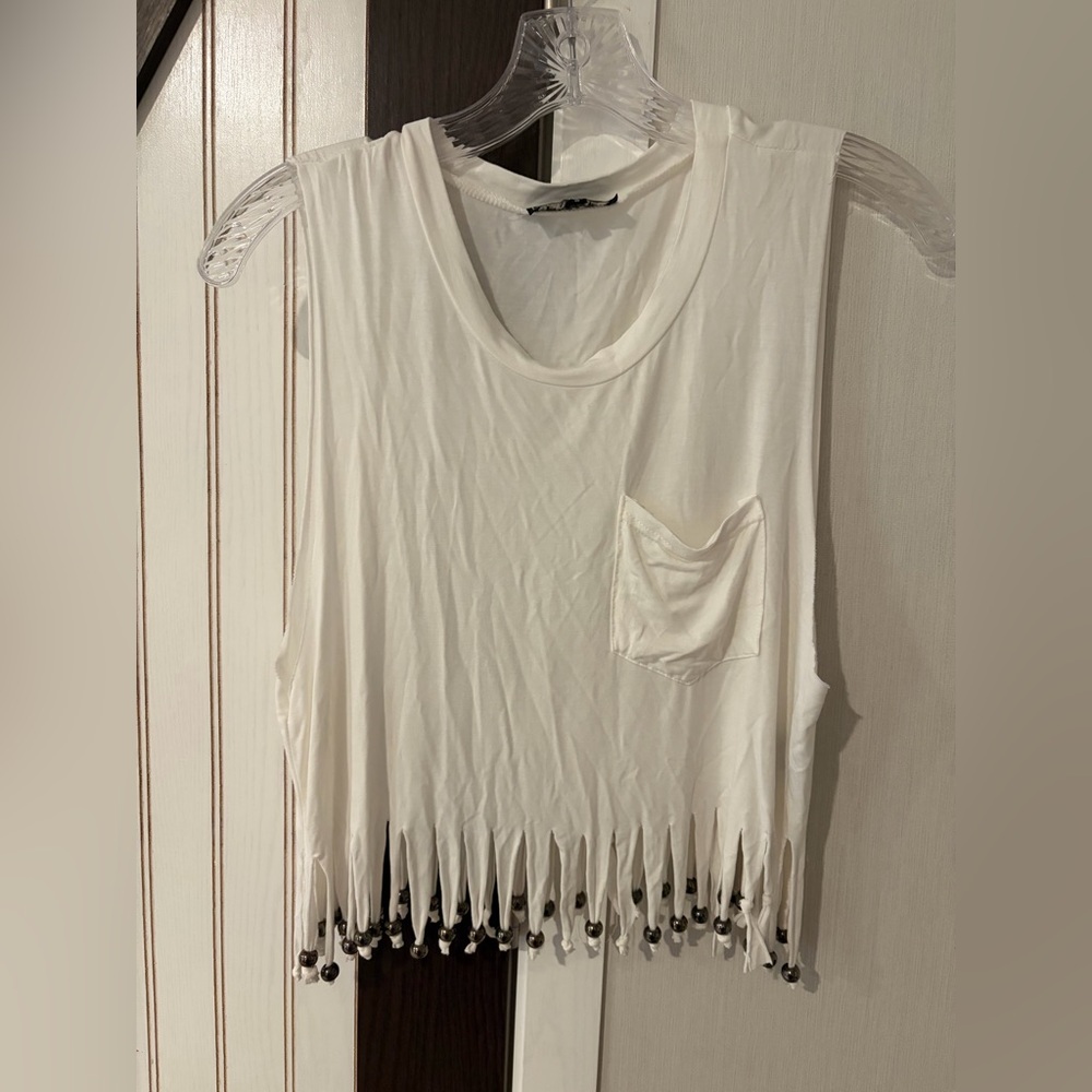 White Fringe Beaded Sleeveless‎ Top POL Small